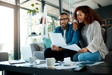 Smile, finance documents or happy couple with budget paperwork and planning savings in home....