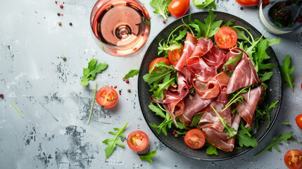 Healthy diet concept Prosciutto and arugula salad with rose wine on a bright marble backdrop