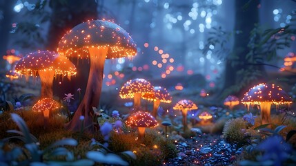 Glowing magical mushrooms and fairies in a 3D rendered enchanted forest landscape. Surreal,dreamlike digital art with vibrant colors and a fantastical,atmospheric ambiance.