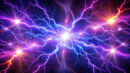 Electrically charged violet background electrifies with vibrant, radiant lightning bolts and mesmerizing neon lights, evoking high-energy voltage sensations.