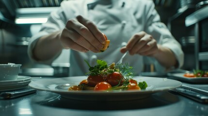Naklejka premium A chef preparing a dish in the kitchen with some vegetables. AI.