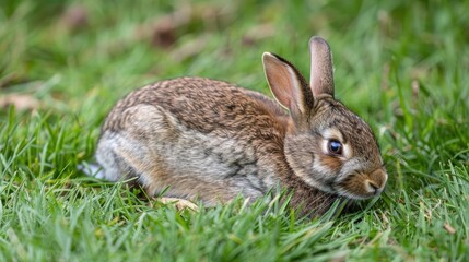 Fototapeta premium Young wild rabbit grooming on grass in North Yorkshire UK