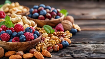 Healthy snack options on a wooden table, nuts and fruits, clean eating, Healthy Lifestyles, nutritious snacks