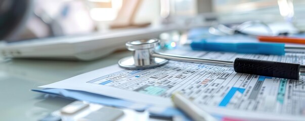 Medical billing specialist processing claims, organized workspace, accurate documentation, Medical Services, healthcare administration