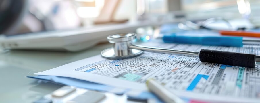 Medical billing specialist processing claims, organized workspace, accurate documentation, Medical Services, healthcare administration