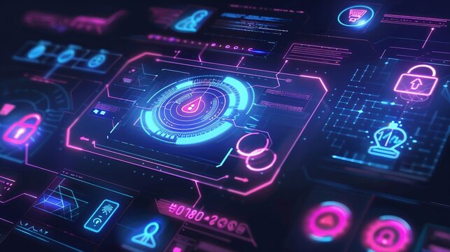  Hacker Attack System with Cybersecurity Hologram and Lock Icons Generative AI