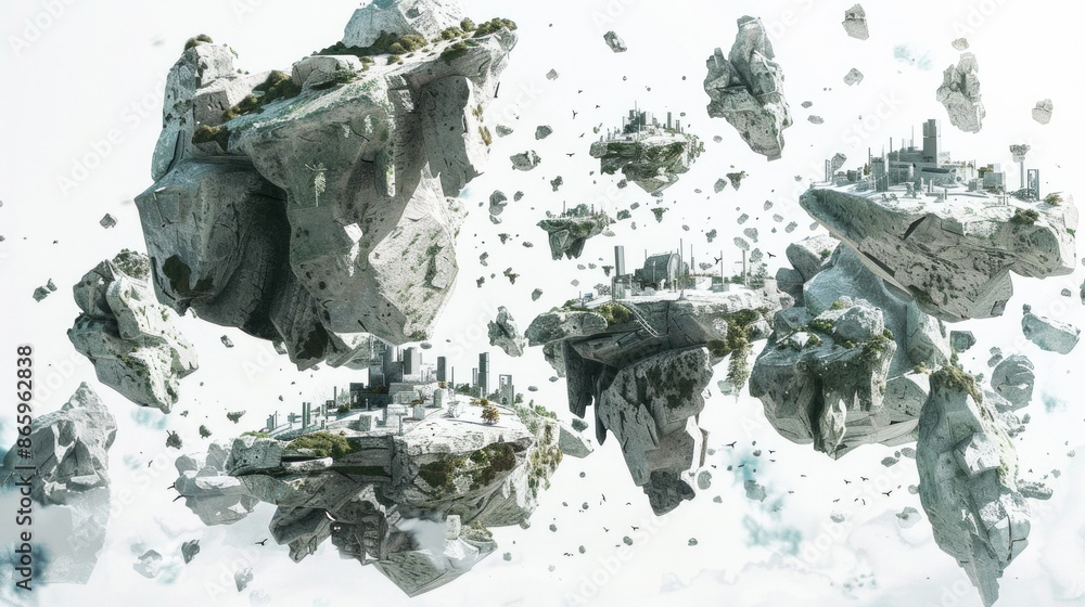 Poster terraformed rocks floating in white space on a white background , a sparse asteroid belt, shards of 