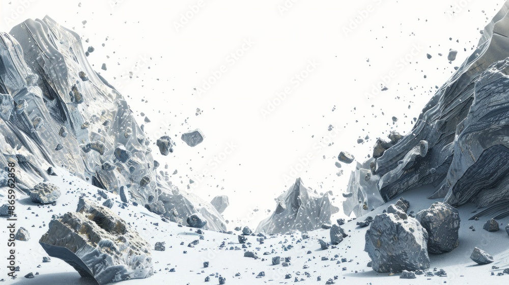 Poster terraformed rocks floating in white space on a white background , a sparse asteroid belt, shards of 