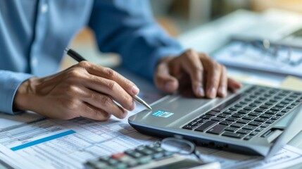 The image shows a person working at a desk with office equipment. A person is wearing a blue shirt and is using a pen in his right hand and a calculat, AI Generative