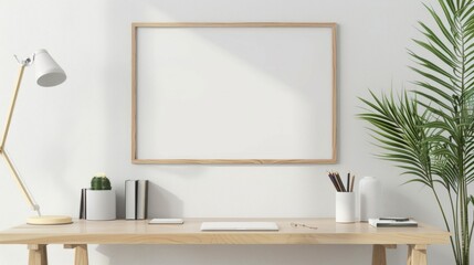 thin broder wooden frame mockup above a desk, AI Generative