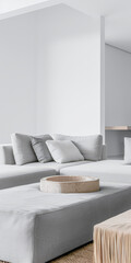 Minimalist living room interiors with elegant furniture, window lighting and copy space. Real Estate interiors design in neutral colors for advertising online.