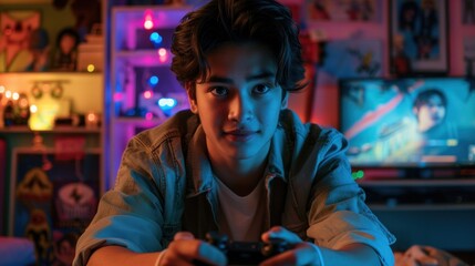 Obraz premium Excited Gamer Playing Video Games in a Neon-Lit Room at Night