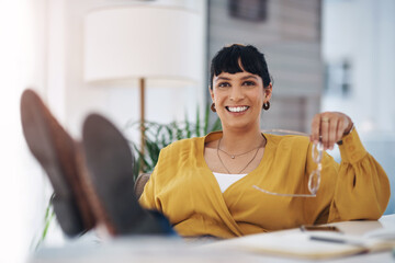 Business woman, portrait and relax in office for success, company or work with confident smile. Entrepreneur, happy and glasses in workplace for creative agency, startup and break from event planning