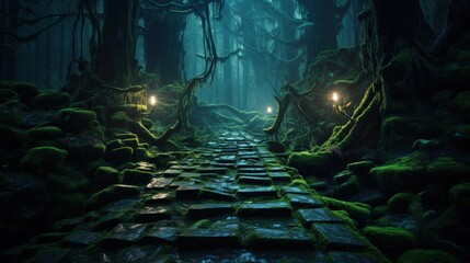 Mysterious forest path with ancient stone pathway, glowing lanterns, and thick, twisted trees under a dim, ethereal blue light.