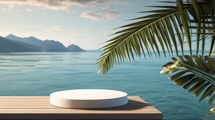 Obraz premium Empty Podium for Product Presentation with Palm Leaf on Seascape Background