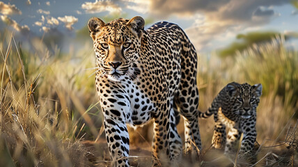 Naklejka premium Majestic big cat walking in the African wilderness, AI Generative.