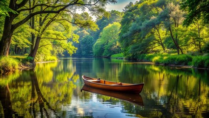 Serene river landscape featuring an empty canoe drifting gently on calm waters surrounded by lush greenery and overhanging trees.