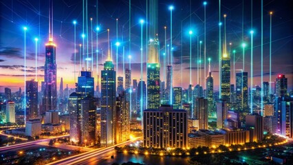 Fototapeta premium Vibrant metropolis skyline consumed by swirling neon data tendrils, binary code, and glowing Circuit boards, set against a dark night sky.