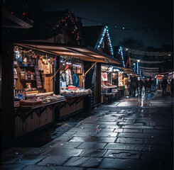 Obraz premium modern christmas market with a few stalls at night. it is pitch black, vaguely see the edges of the stands, is almost dark black