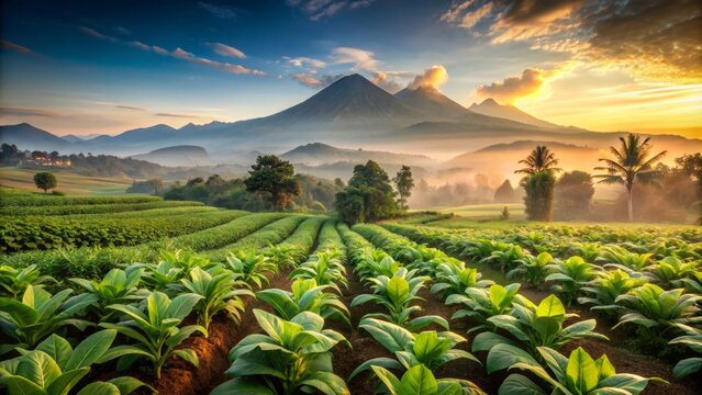Serene tobacco fields stretch towards majestic mountains, lush greenery and misty atmosphere create a breathtaking Indonesian rural landscape scenery.