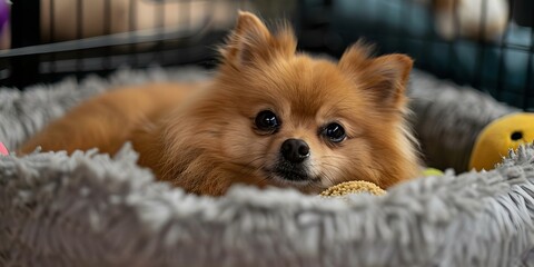 Pomeranian relaxing in a comfortable bed at a pet hotel with toys around. Concept Pet photography, Pomeranian portraits, Cozy settings, Pet hotels, Toy accessories