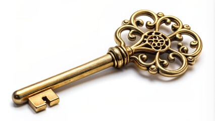 Isolated golden metal key with intricate design and subtle shine contrasted against a clean and minimalist white background.