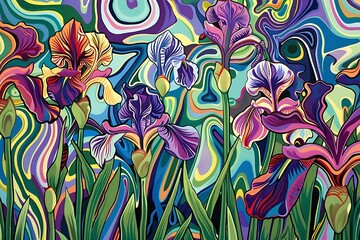 A psychedelic pattern of irises with swirling colors
