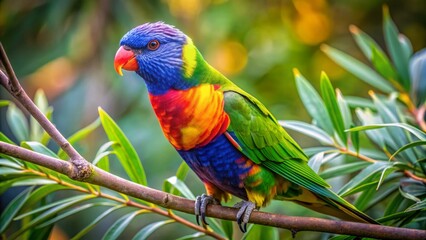 Vibrant rainbow lorikeet perches on a lush branch, showcasing its stunning plumage with shades of blue, green, yellow, and orange.