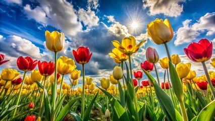 Fototapeta premium Vibrant yellow and red tulips sway gently in a lush green meadow against a serene blue sky with puffy white clouds.