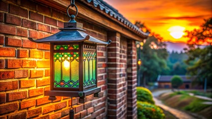 Fototapeta premium Traditional Asian-style lantern in vibrant colors hangs from a rustic wooden beam against a warm sunset-lit brick wall backdrop.