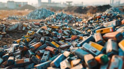 Obraz premium E-waste dump with visible battery piles, electronic pollution, global issue