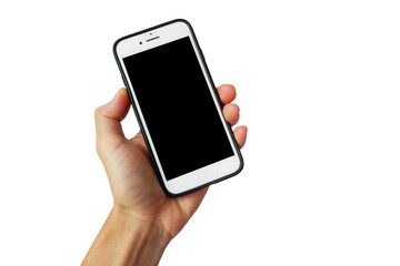 Man's hand holding a smartphone shown on a white background.