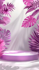 Realistic product podium with fantastic tropical leaves. Product podium scene design to showcase your product. Realistic 3d vector illustration