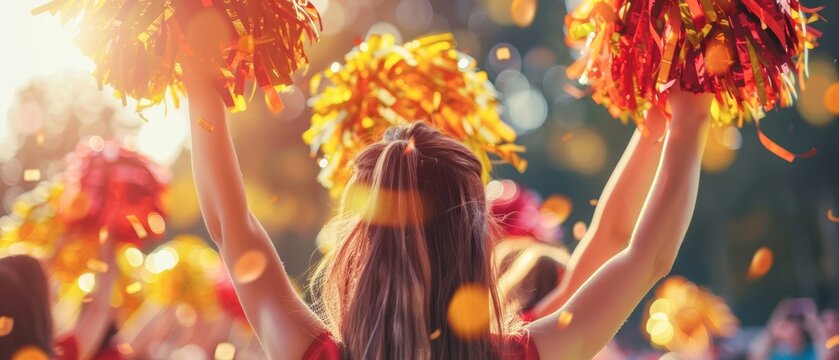 Cheerleaders performing with pom-poms, sports event background, space for text