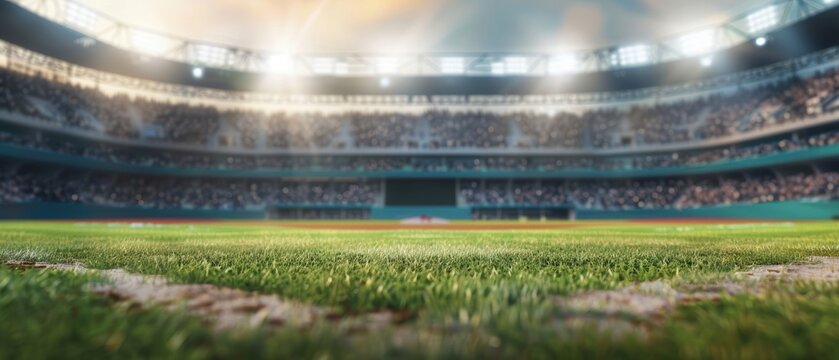 Baseball field with empty stands, sports news background, clear text area