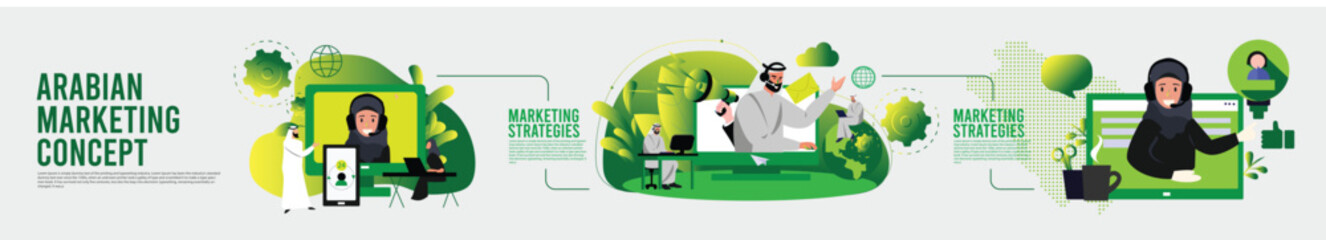 Arabic business marketing concept, social media, vector illustration