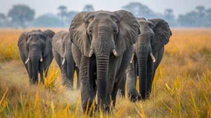 Naklejka premium A Herd of African Elephants Moves in the Open Savanna