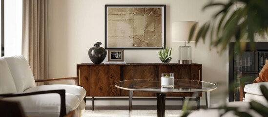Warm and inviting living room decor featuring a placeholder poster frame, dark-toned sideboard, white armchair, chic glass coffee table, and personal touches. Interior design for a cozy home.