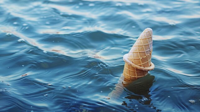 A plastic ice cream cone is floating on water.