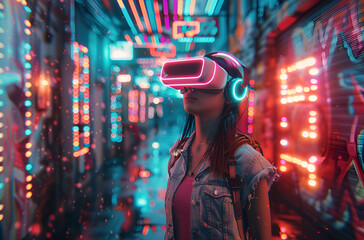 Fototapeta premium A woman immersed in virtual reality, wearing a VR headset, stands in an alley.