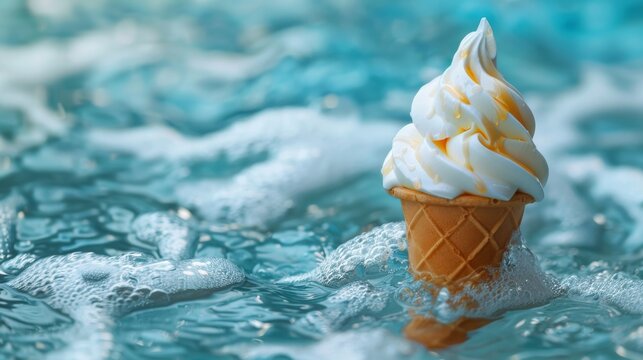 A plastic ice cream cone is floating on water.