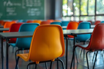 Empty Classroom Chairs Facing Green Chalkboard in Sunlight