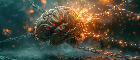Brain encased in chains, breaking free with sparks flying, imprisoned brain
