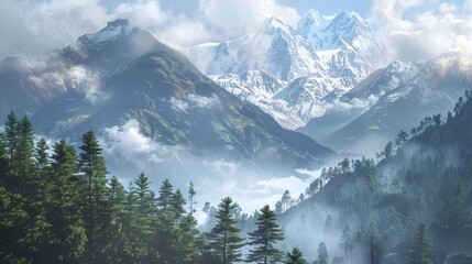 A scenic view of snow-capped mountains in the Himalayas