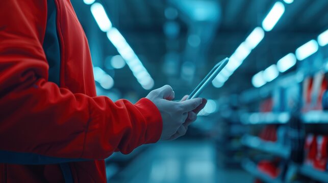 Person in a red jacket using a tablet device in a warehouse, illuminated with cool-toned lights, capturing a modern work environment.