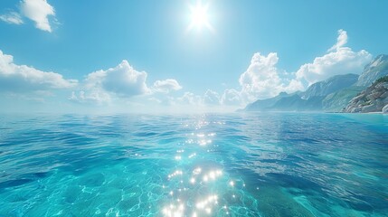 Symbol of Bright Summer Sun with Beams and Sea