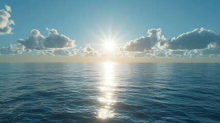 Symbol of Bright Summer Sun with Beams and Sea