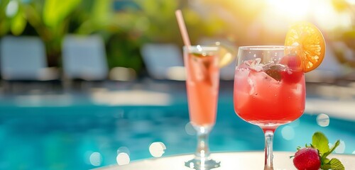 Vibrant summer cocktails on a table by the pool, sparkling in bright sunlight.
