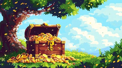 Retro 8-bit computer game victory screen with YOU WIN message, featuring pixel art, coins, vegetation, and a chest filled with riches.