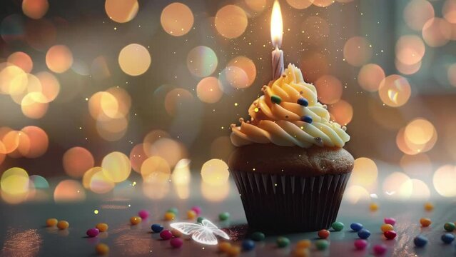 delicious cupcake with candle on light and vanilla cream with chocolate chips seamless looping overlay 4k virtual video animation background